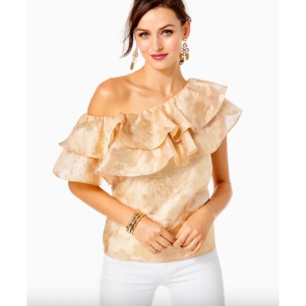 LILLY PULTIZER NWT Trixie One Shoulder Gold Organza Brocade Blouse // XS - Picture 4 of 12